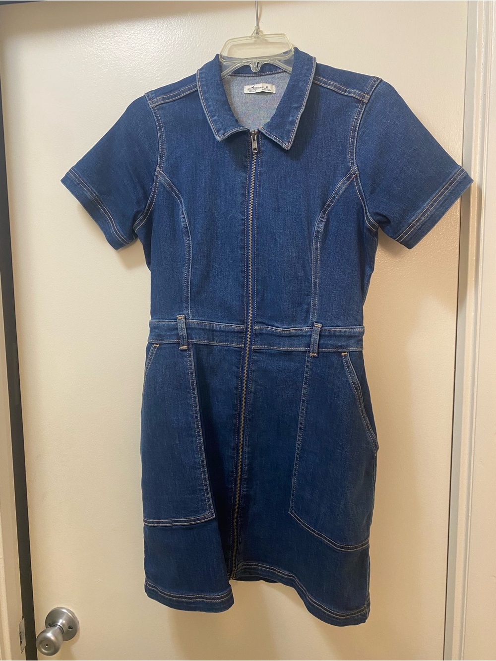 Hollister Dark Blue Short-Sleeve Zip Denim Dress